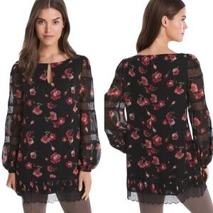 EUC White House Black Market Lace Trim Floral Tunic Top